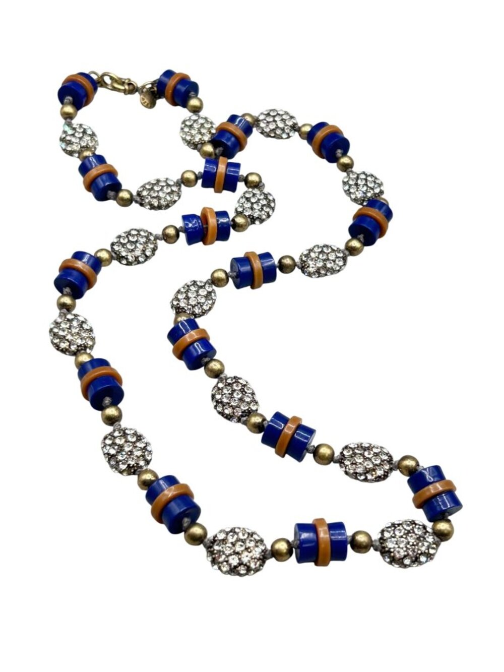 Retired J Crew Necklace Ar Deco Inspired Rhinestones Blue And Tan Lucite Beads